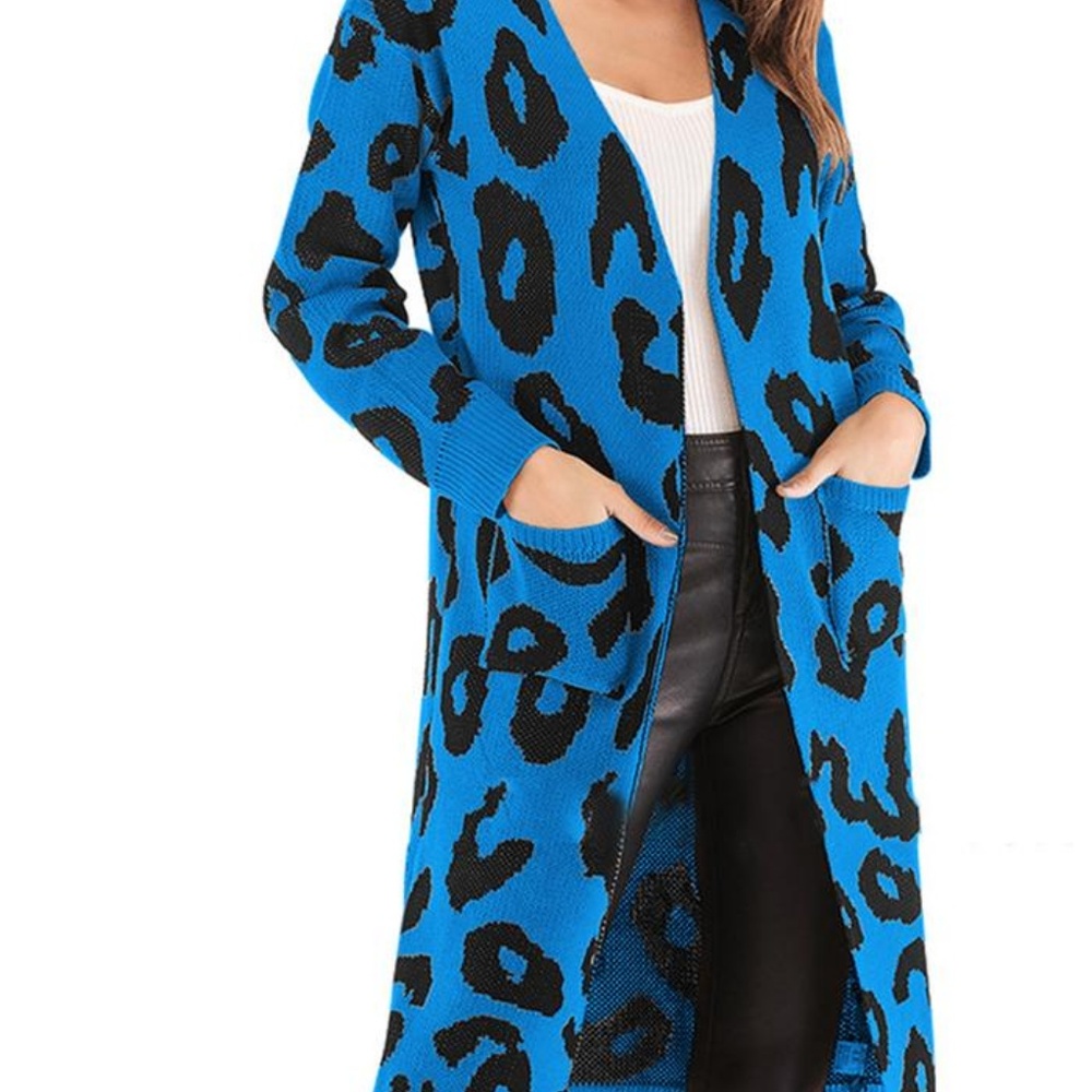 New! Blue Leopard Print Long Cardigan Sweater - Picture 4 of 7